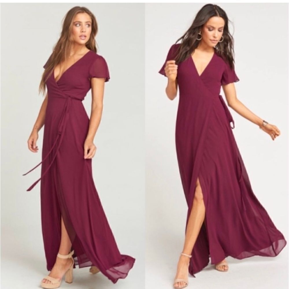 show me your mumu Sophia wrap chiffon dress in merlot sz xs
